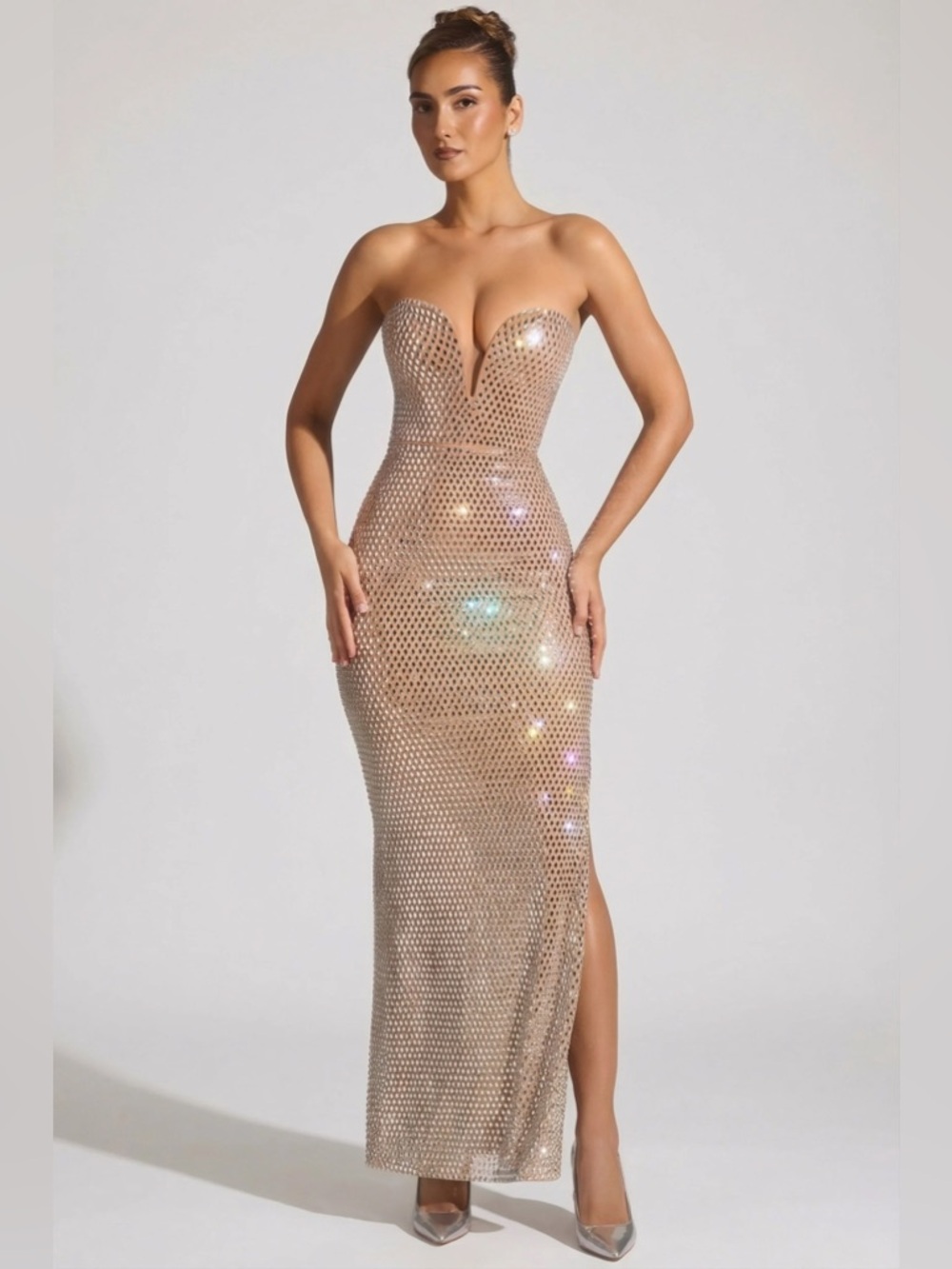 Oh Polly Lucile
Embellished Strapless Plunge Gown in Almond